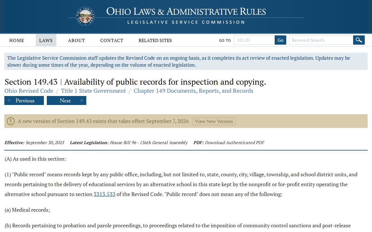 Ohio Revised Code public records law for Centerville block record requests