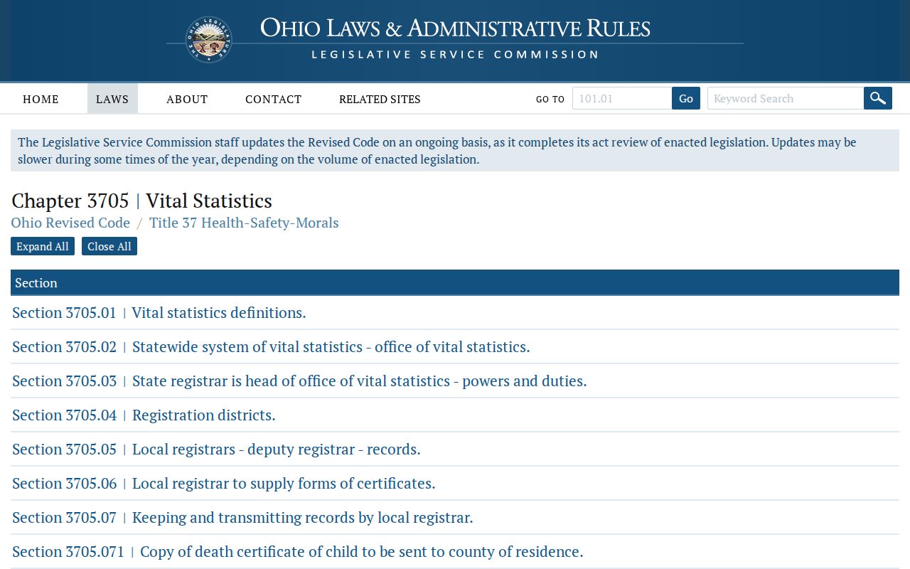 Centerville previous residents Ohio vital records law