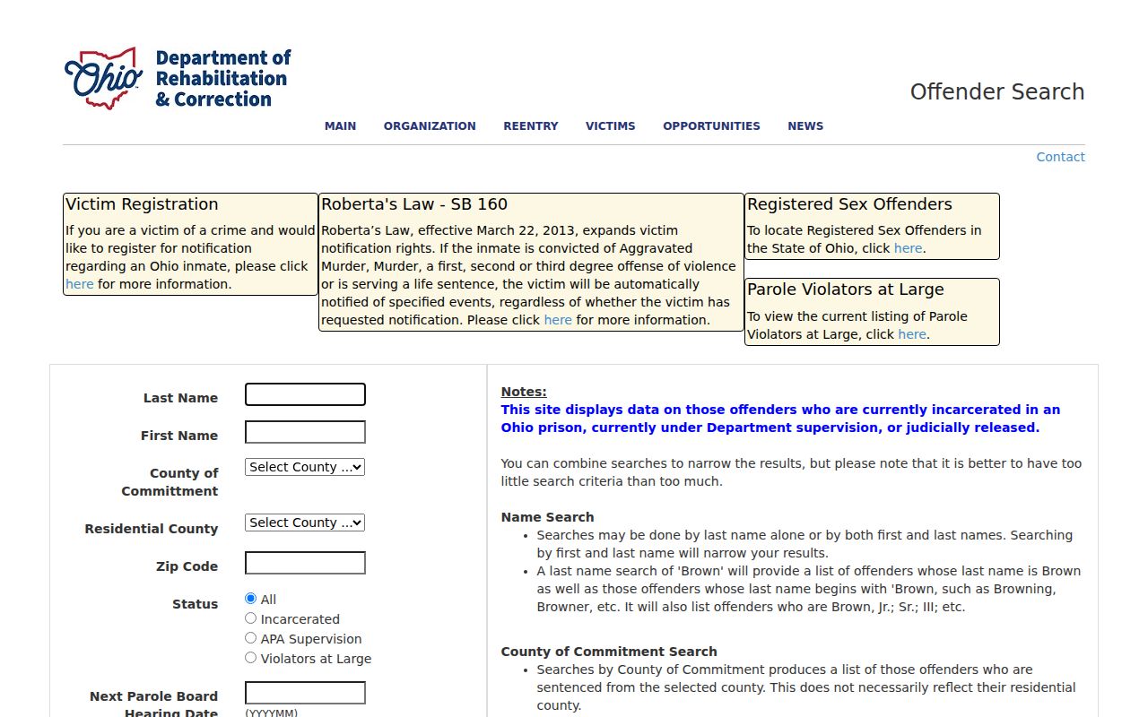 Ohio DRC Offender Search page for a Centerville resident lookup