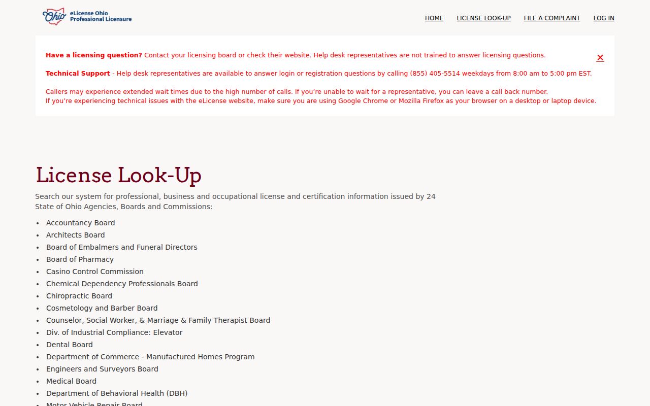 Ohio eLicense verification page for Centerville professional record research