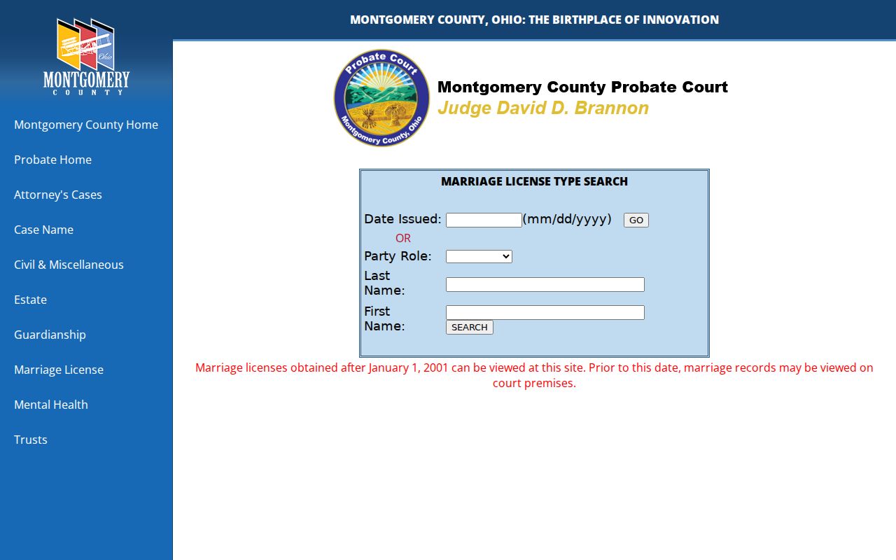 Montgomery County Probate Court marriage search for Centerville records